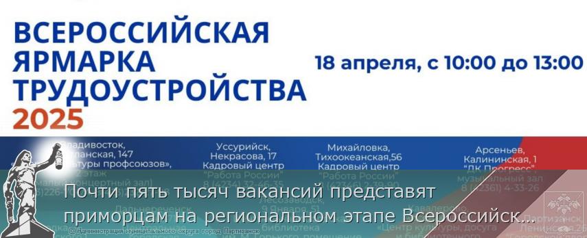 Почти пять тысяч вакансий представят приморцам на региональном этапе Всероссийской ярмарки трудоустройства | Администрация муниципального округа город Партизанск Приморского края Официальный сайт Почти пять тысяч вакансий представят приморцам на региональном этапе Всероссийской ярмарки трудоустройства | Администрация муниципального округа город Партизанск Приморского края Официальный сайт